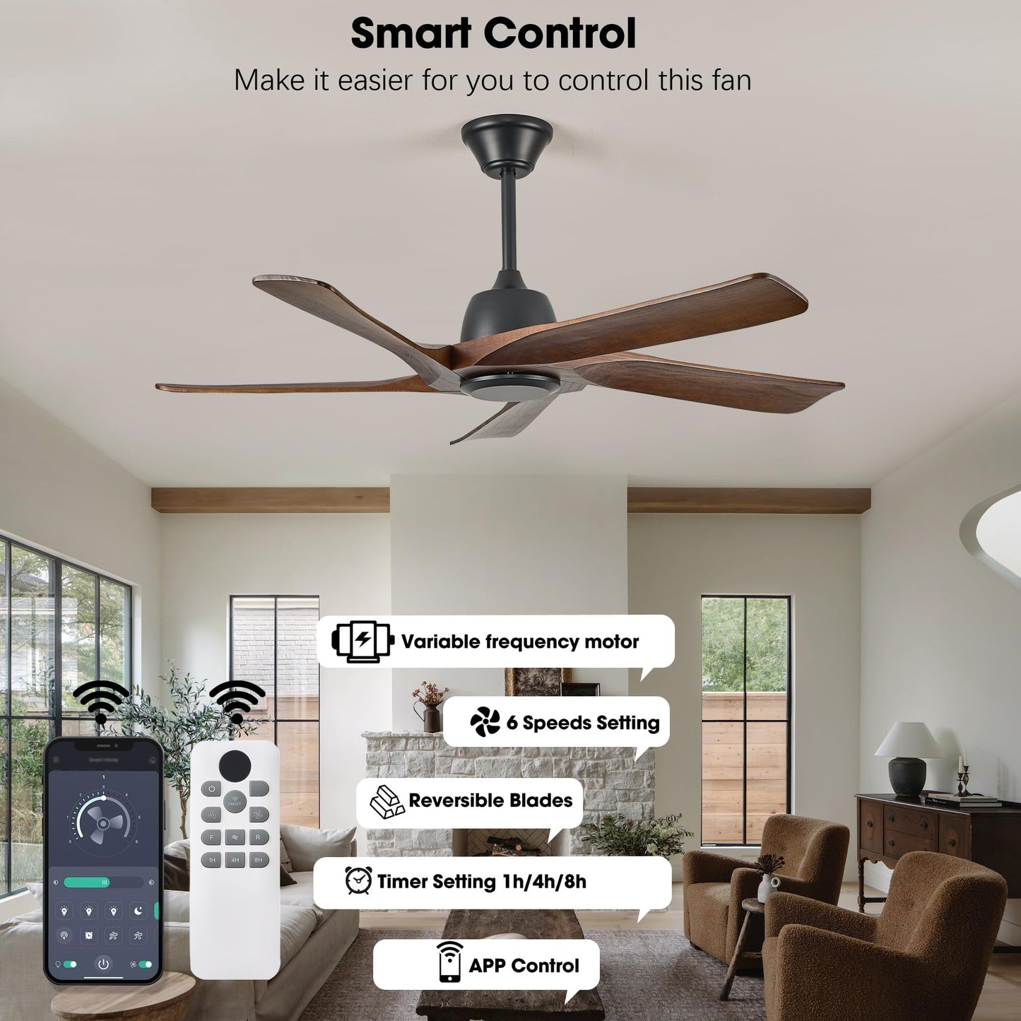LVYEAYOU 52 Inch Solid Wood Ceiling Fan No Lights, Remote and APP Control, DC Motor, 6-speed Reversible, for Bedroom, Living Room, Office, Dark Walnut