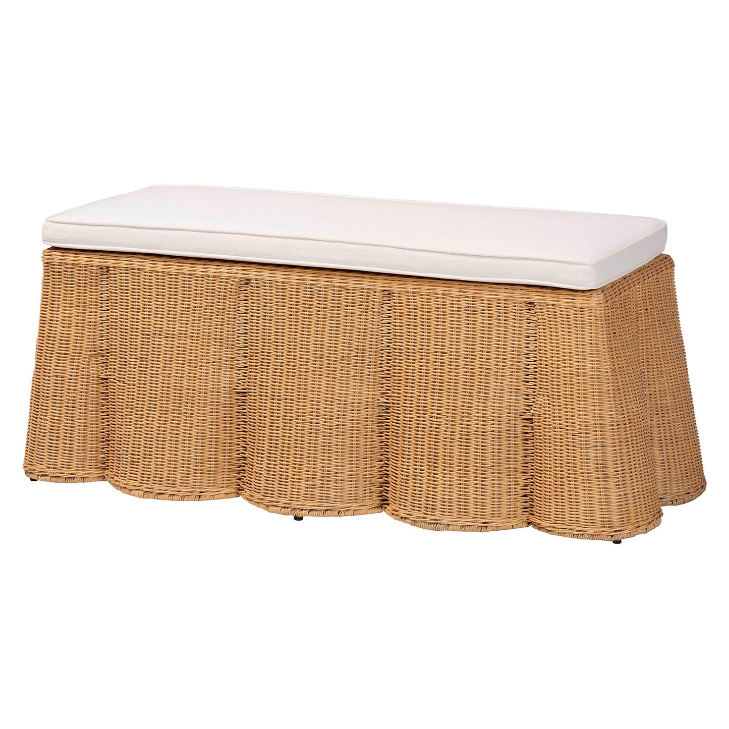 Bali & pari Palm Scallop Natural Rattan Ottoman with Cushion – Handwoven Wicker Accent Bench for Living Room, Bedroom or Entryway, Coastal Boho Style Accent Furniture, 46-inch Wide, Rectangular