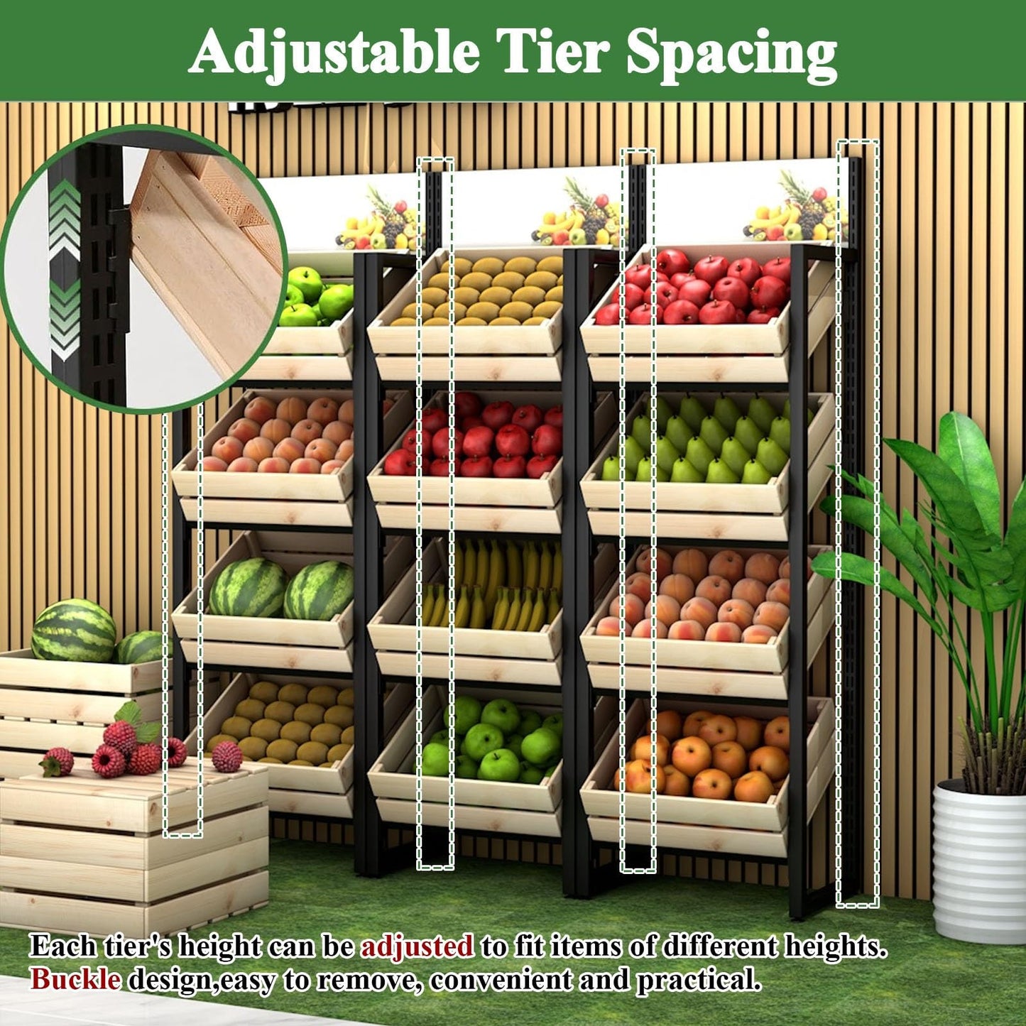 3/4 Tier Solid Wood Kitchen Shelf Rack for Fruits & Vegetables, Large Display Stand for Commercial Supermarket Use, Multi-layer Storage Organizer for Potato, Onion(F-4 Tier)