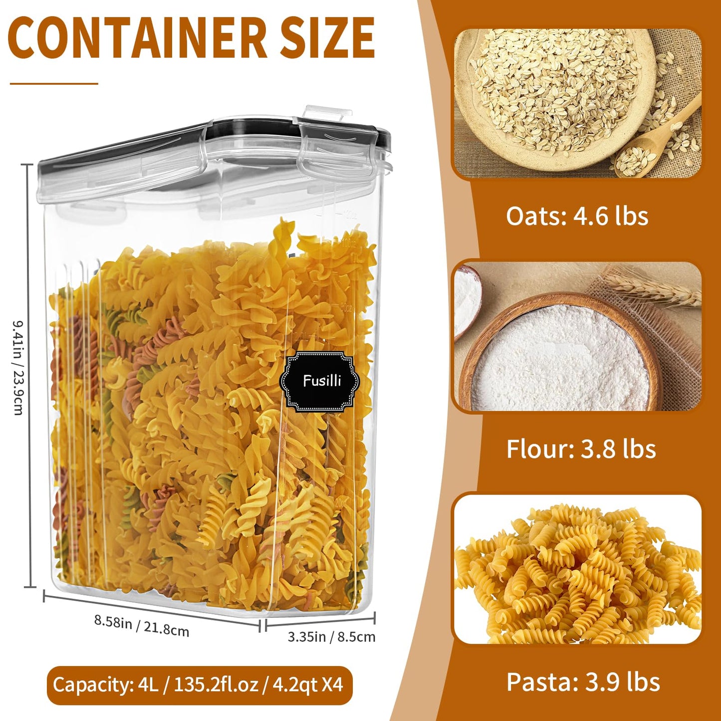 Cereal Containers Storage Set (4L / 135.2oz), 4PCS Airtight Food Storage Containers with Lids, Cereal Dispensers for Kitchen Pantry Organization and Storage with Pour Spout, 20 Labels, Marker