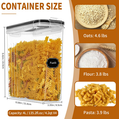 Cereal Containers Storage Set (4L / 135.2oz), 4PCS Airtight Food Storage Containers with Lids, Cereal Dispensers for Kitchen Pantry Organization and Storage with Pour Spout, 20 Labels, Marker