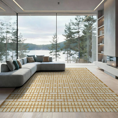 ODIKA 8'x10' Washable Geometric Grid Large Rug, Brown Non-Shedding Pet Friendly Carpet for King Size Bedroom, Master Suite, Under Bed, Foldable Easy Care Mat | Ref:2140365