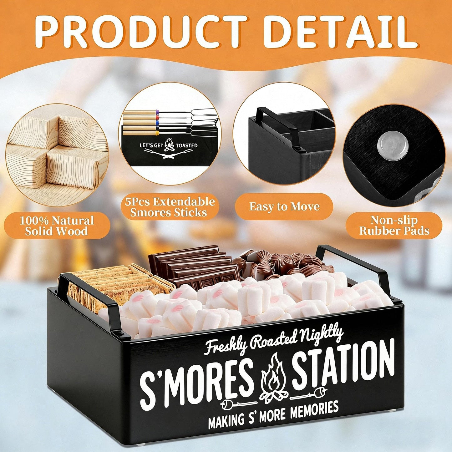 Farmhouse Smores Station, Wooden Smores Caddy with Handles, S'Mores Bar Holder with 5Pcs Extendable Smores Sticks, Smores Maker Box for Smores Kit, Outdoor Fire Pit Camping Essentials Cooking (Black)