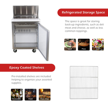 Atosa MSF8301GR 27" Sandwich & Salad Prep Table Refrigerator for Restaurant Hotel Deli Cafeteria | 1-Door 1-Shelf, 10" Cutting Board, 8 (1/6 Size) Pans, 7.2 Cu Ft Capacity | Stainless Steel, 115v