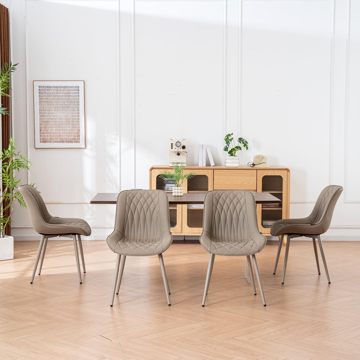 YOUNIKE Faux Leather Dining Chairs Set of 2 Mid-Century Modern High Padded Back Comfy Upholstered Kitchen Chairs with Metal Legs Wide Seat Accent Side Chair for Dining/Living/Waiting Room Khaki