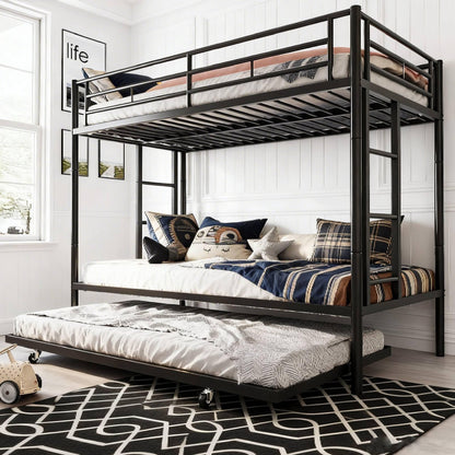 SUNLEI Metal Bunk Beds with Double Secured Ladders, Twin Bunk Bed with Surrounded Safety Guardrails, Space Saver Twin Beds, Noise Free for Small Bedroom, with Trundle Function, Solid Black