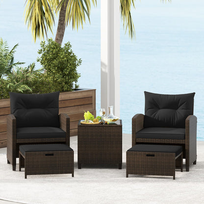 Tangkula 5 Pieces Patio Conversation Set, PE Wicker Rattan Outdoor Furniture Set with 2 Chairs, 2 Ottomans & Tempered Glass Coffee Table, Ideal for Poolside, Backyard, Lawn, Deck, Mix Brown & Black