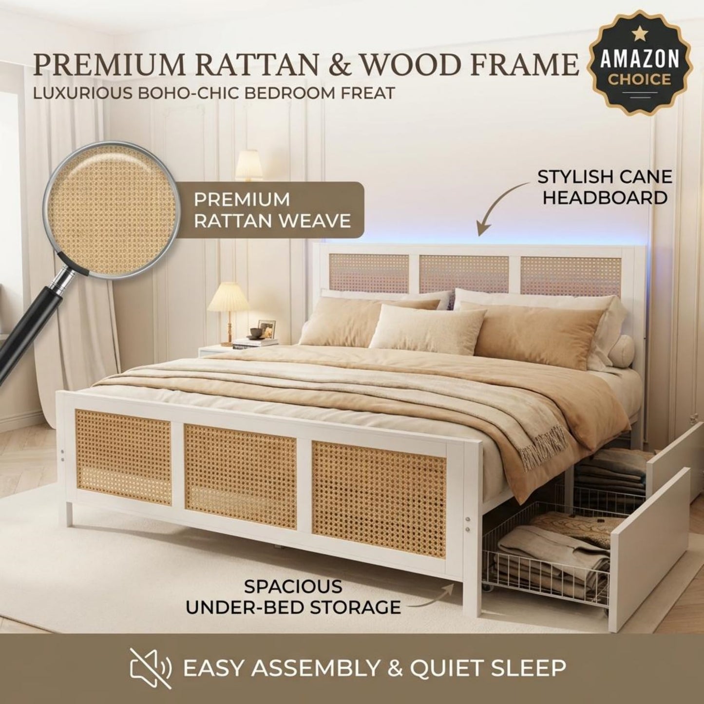 Garvee Rattan Queen Bed Frame with LED Headboard (7 Colors), Boho Cane Platform Bed with 4 Large Drawers, Strong Metal Slats Support, Noise Free, No Box Spring Needed, Easy Assembly, White