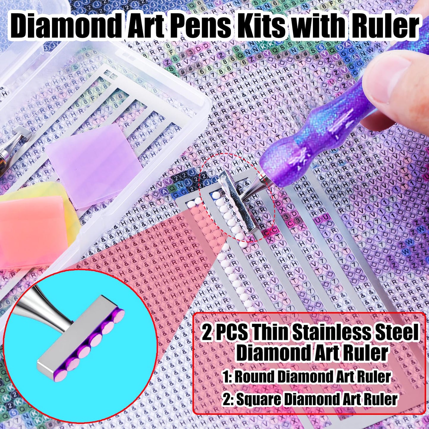 LEIYULY 12 PCS Diamond Art Pen with Ruler, 1,7 Beads Stainless Steel Nibs and Square & Round Diamond Art Ruler, Ergonomic Diamond Art Pen, 5D Diamond Painting Pens Tools, Diamond Art Kits for Adults