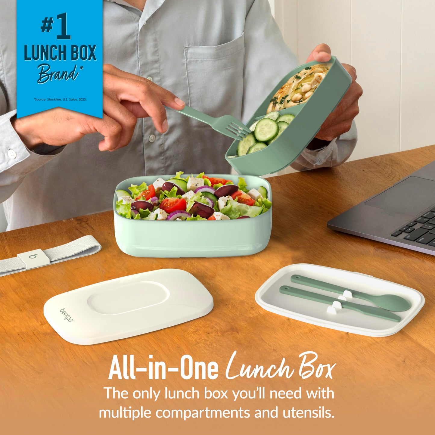 Bentgo Classic - Adult Bento Box, Stackable 3-Compartment Lunch Box with Removable Utensil Set and Sealing Strap, BPA-Free, Food Container Ideal for Meal Prep, Work, and On the Go (Khaki Green)