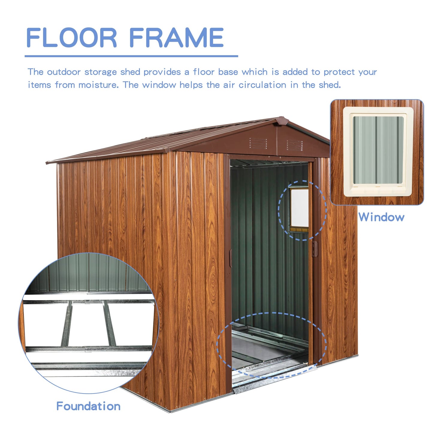 6 x 6 Ft Outdoor Metal Storage Shed with Woodgrain & Side Window, Accent Garden Shed w/Air Vents, Floor Base and Lockable Sliding Doors, Utility Tool Storage House for Backyard Lawn,Brown