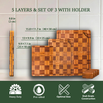 Bamboo Cutting Board Set of 3 for kitchen Checkered End Grain Chopping Boards with Storage Stand & Deeper Juice Grooves | Reversible Butcher Block for Meat, Cheese, Charcuterie & Kitchen Prep