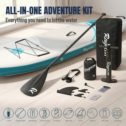 Inflatable Stand Up Paddle Board 11'×34" Extra Wide SUP, Ultra-Stable for Adults & Dog, 450lbs, Dual Chamber Pump, Fiberglass Paddle, Military Grade Dual Layer, Wild Bear Claw Polar Design Green