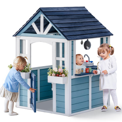 ROBUD Outdoor Playhouse, Wooden Play House for Kids Outdoor with Snack Bar, Flowerpot Holders, Sink, Stove, Cookware, Outdoor playset for Kids Ages 3+
