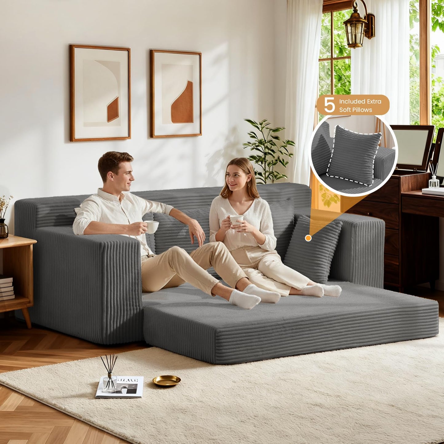 Winzoo Oversized Boneless Loveseat, 3 Seater Pull Out Convertible Sofa Bed, 70" Gray Boneless Couch Fold Out Floor Couch Sleeper Sofa with 5 Pillows for Living Room Bedroom Lounge Small Space