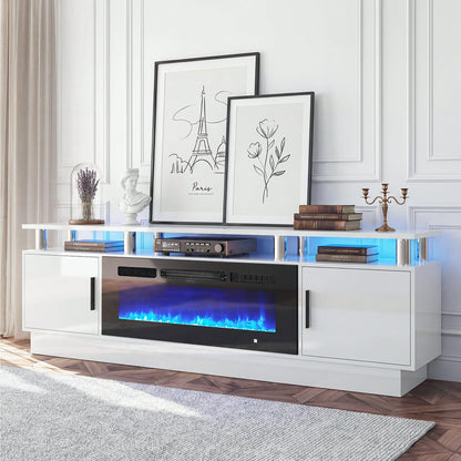 OneBlis 70" Fireplace TV Stand for TVs UP to 80", Electric Fireplace Entertainment Center with LED Lights & Storage Cabinets, TV Console for Living Room, Office, White-Black