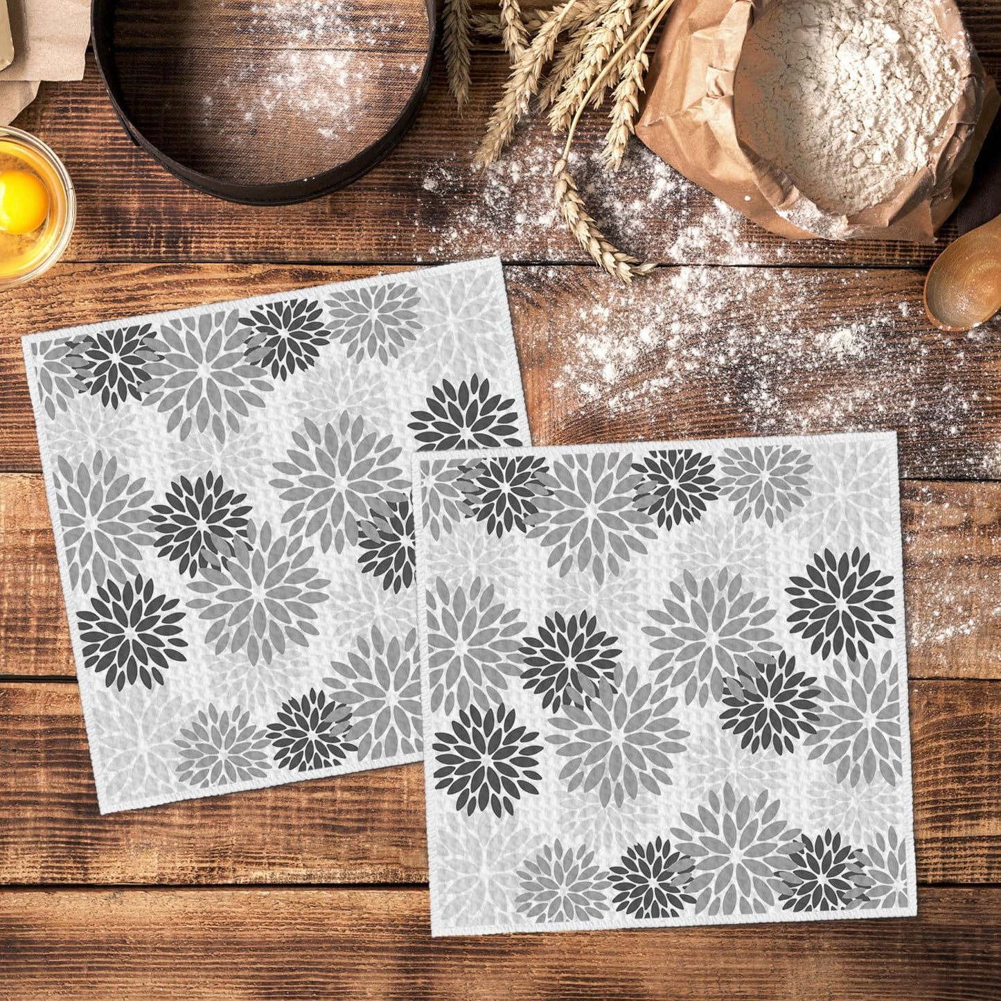 12x12 Inch Set 2 Artoid Mode Grey Dahlia Floral Kitchen Dish Cloths, Quick Dry Microfiber Dishcloths for Kitchen