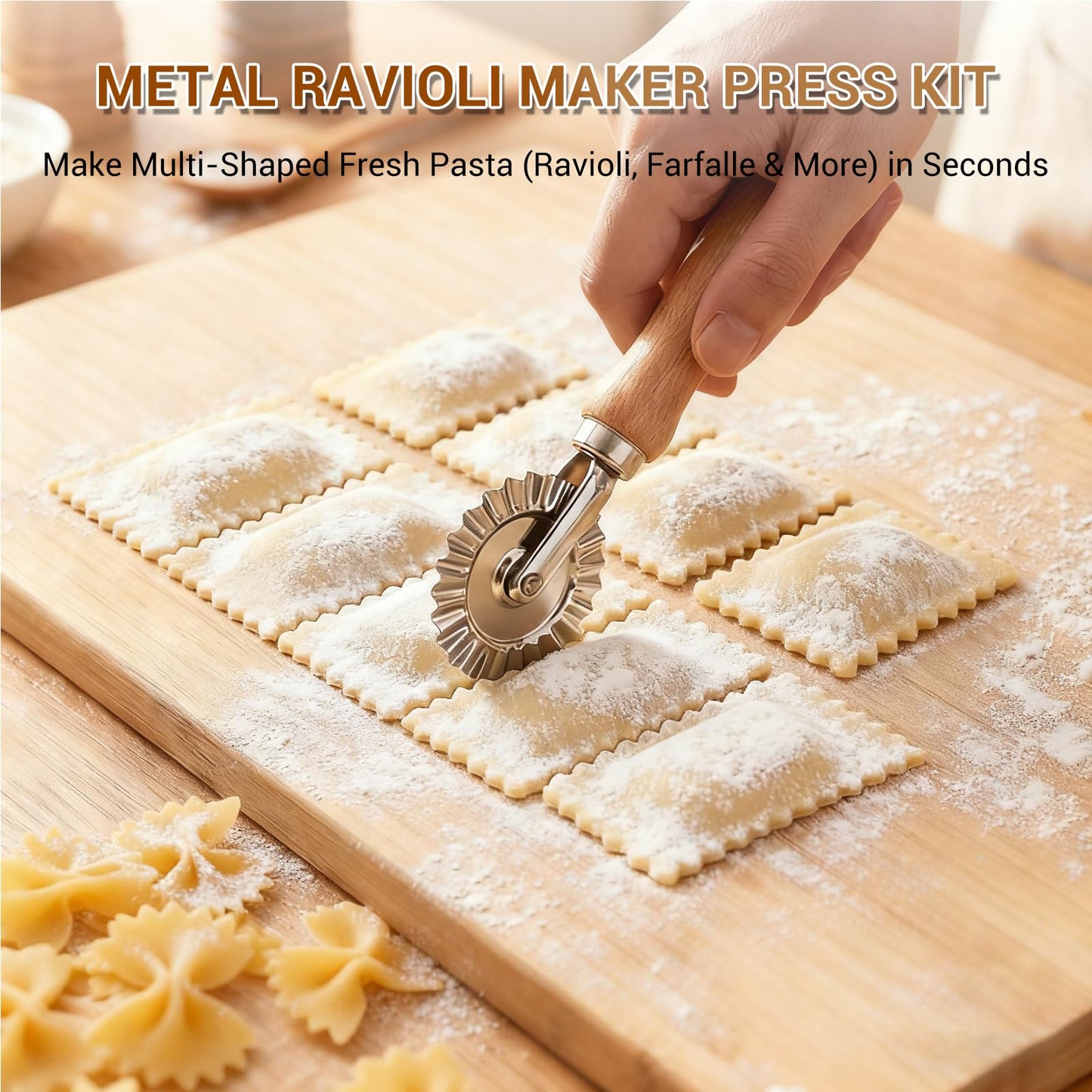 5 Pcs Ravioli Maker Set, Ravioli Cutter and Ravioli Mold with Wood Rolling Pin, 2-Inch Square Pasta Stamp Press for Homemade Italian Ravioli, Kitchen Pasta Making Tools for Baking Enthusiasts