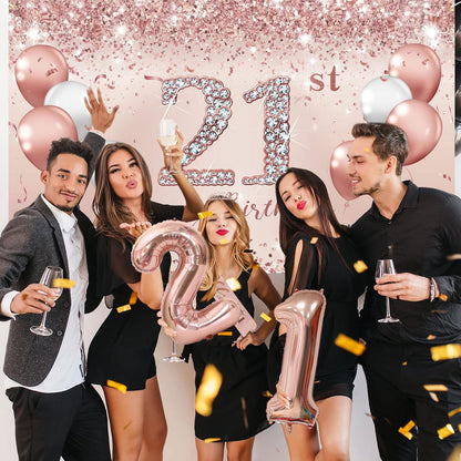 Trgowaul 21st Birthday Decorations - Rose Gold Banner, Sash, Crown & Cake Topper | Pink Balloons Set