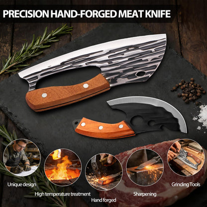 Wruhamd 2 Pcs Meat Cleaver Knife Set, Effort Saving Meat Cleaver for Cutting Meat Vegetable, Sharp Carbon Steel Cooking Viking Knife with Leather Sheath for Kitchen, Camping, Outdoor Cooking, BBQ Gift
