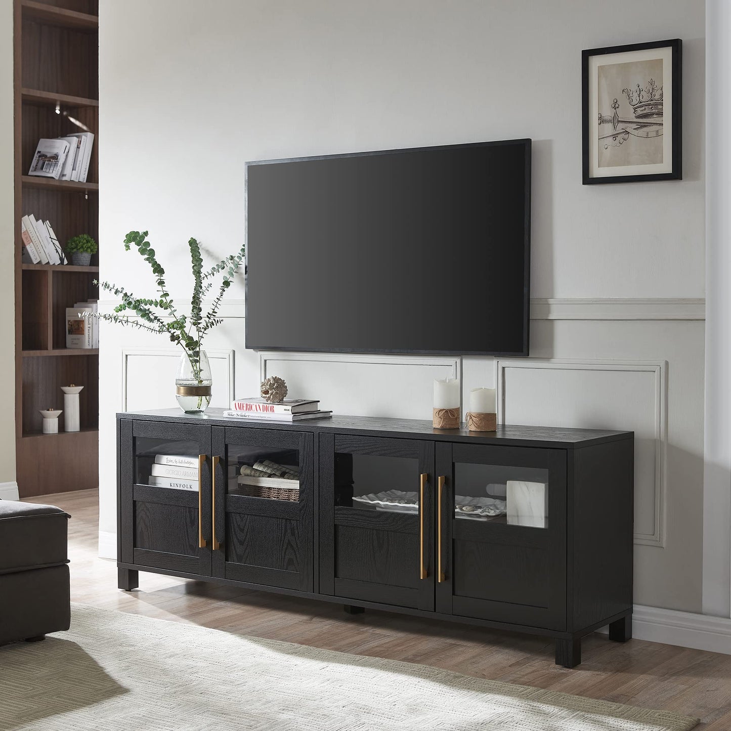 Henn&Hart TV Stand for TVs up to 75" with 2 Glass and Wood Split Panel Display Cabinets for Living Room, Family Room, or Office, Natural Black