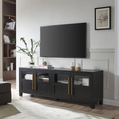 Henn&Hart TV Stand for TVs up to 75" with 2 Glass and Wood Split Panel Display Cabinets for Living Room, Family Room, or Office, Natural Black