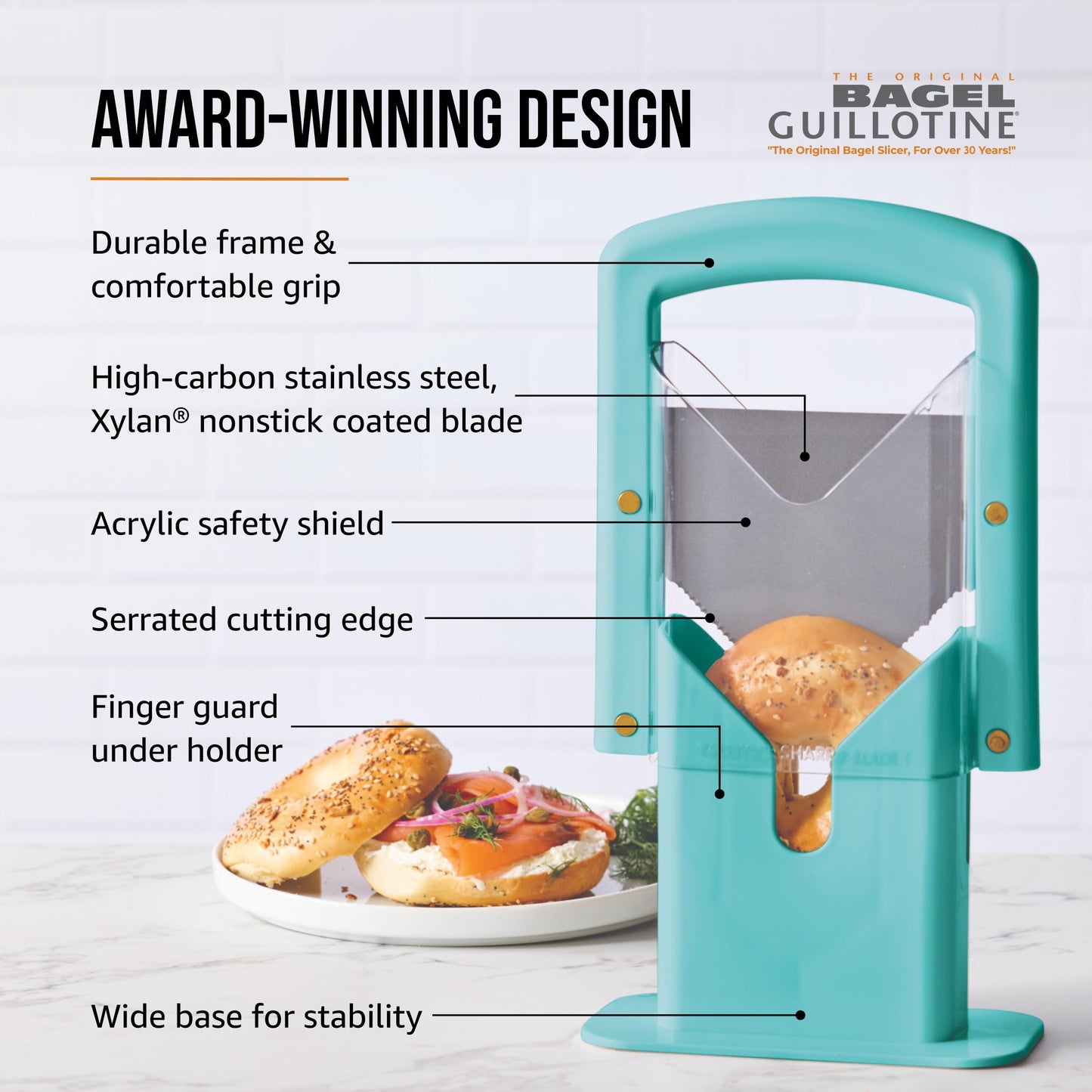 Hoan Bagel Guillotine Universal Slicer with Built In Safety Shield to Protect Fingers. Perfect for Smoothly Slicing Bagels, Buns, Muffins and More, Non Stick. 9.25 inch, Aqua Sky