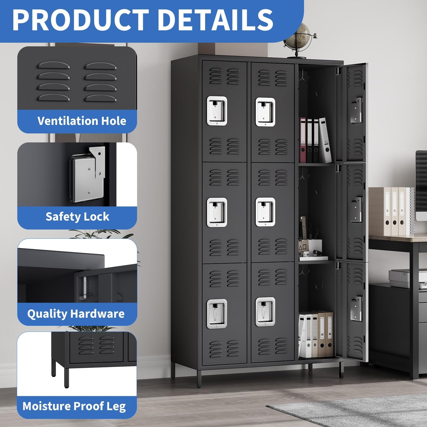 GAOMON 9 Doors Employee Lockers for Office, Metal Sorage Locker Combination, Lockable Employees Metal Locker with Door, Industrial Storage Lockers for Home, School, Gym (9 Doors)