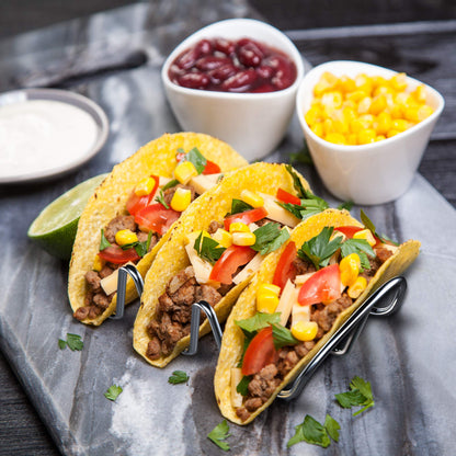 WIDBI Premium Taco Holders - 4 Pack Stainless Steel Taco Stands Holds 12 Standard Tacos (3 Each) - Fits Most Plates & Air Fryers - Dishwasher & Oven Safe – For Soft & Hard Shell Tacos