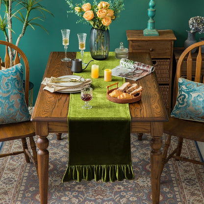 120 Inches Green,14x120 Inch Velvet Table Runner Soft Decorative Luxurious Solid Long Tablecloth with Retro Ruffle
