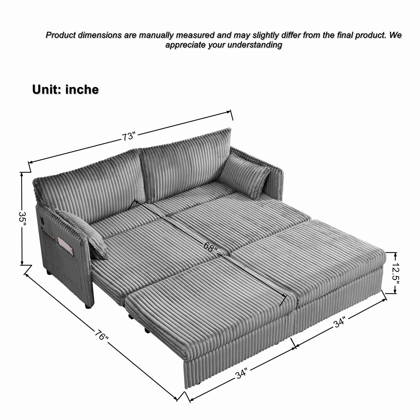 KEIKI 73" 3-in-1 Pull Out Sofa Bed, Convertible Corduroy Sleeper Sofa with USB Ports & Side Pockets, Modern Futon Couch for Living Room, Apartment or Bedroom, Gray