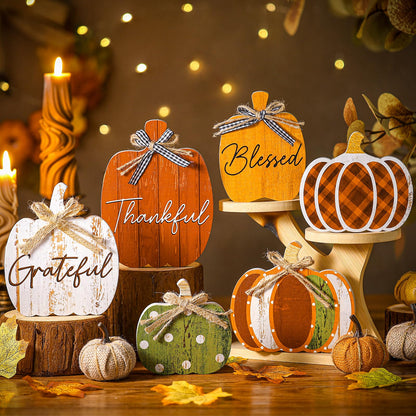 Yousoontic 6 Pcs Thanksgiving Decor for Home Pumpkin Wooden Block Sign Autumn Fall Table Centerpiece for Thanksgiving Tiered Tray Harvest Table Mantel Shelf Decor(Classic)