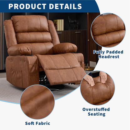 Rocker Recliner Chair for Adults Manual 360° Swivel Single Sofa Seat Glider Chair with 3 Positions 2 Side Pockets Cup Holders PU Fabric for Living Room Nursery Office