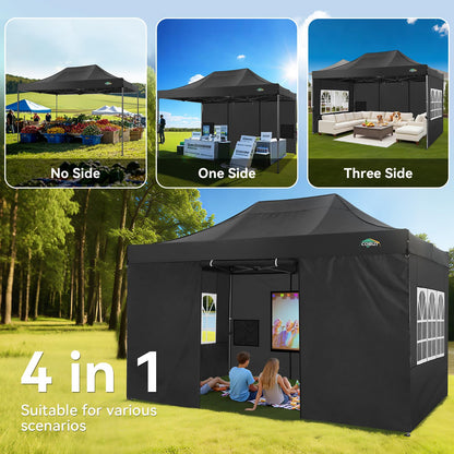 COBIZI 10x15 Pop up Canopy Tent Heavy Duty, Easy Set-up Commercial Outdoor Party Tent, 100% Waterproof Wedding Tents Gazebo, 3 Height Adjustable with Wheeled Bag, Black