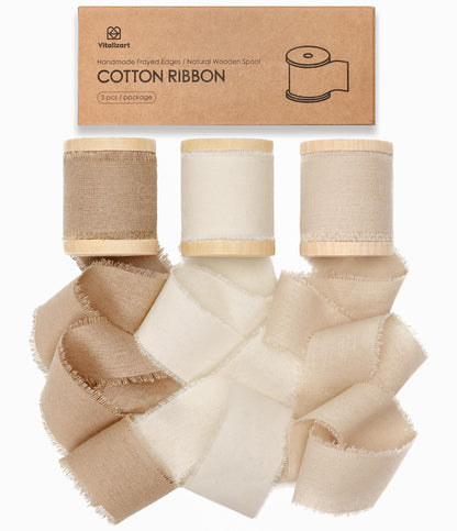 Vitalizart 100% Cotton Ribbon 1-1/2" x 15 Yd Nude Beige Cream Handmade Frayed Fringe Fabric Ribbons for Gift Wrapping Wedding Invites Bridal Shower Bouquets Christmas Decorations
