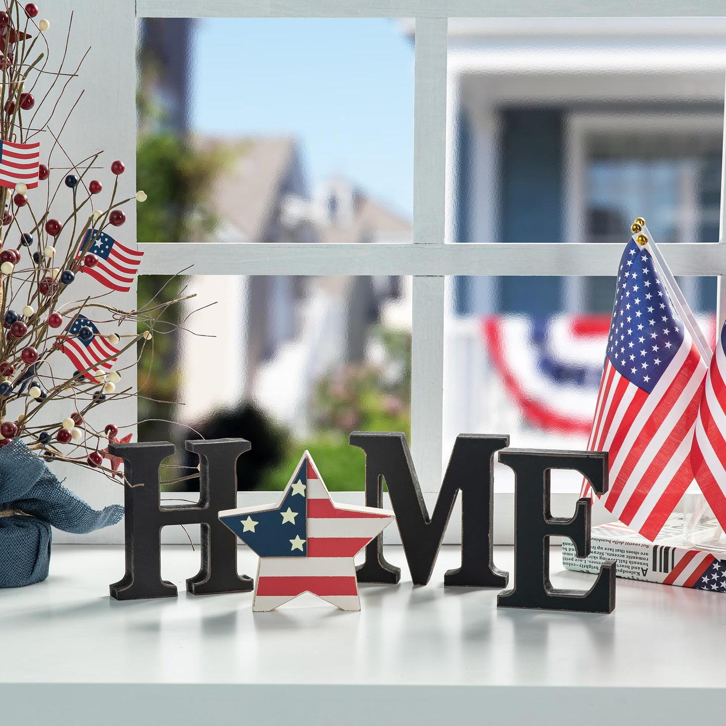 Glitzhome Interchangeable Home Table Signs with 13 Pcs Seasonal Icons, Wooden Changeable Home Sign for Holiday Decor, HOME Letter Sign Ornaments Set Interchangeable Holiday Decorative Shelf Blocks