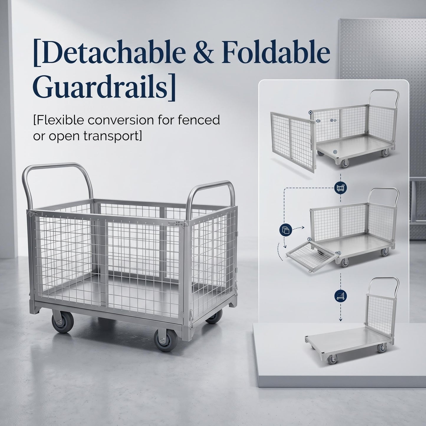 4-in-1 Platform Truck Cart with Cage, Heavy Duty Foldable Flatbed Push Cart with Swivel Casters, 2200 LBS Steel Load Capacity for Warehouse Commercial Industrial Cargo Storage & Transport