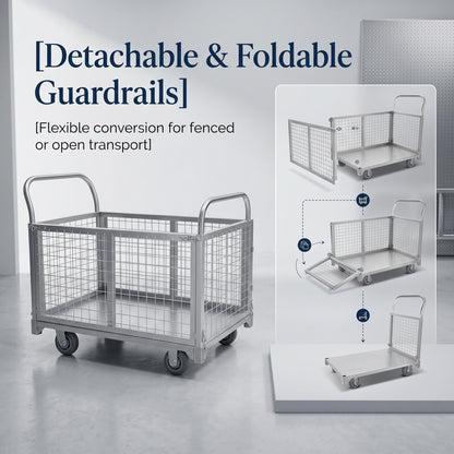 4-in-1 Platform Truck Cart with Cage, Heavy Duty Foldable Flatbed Push Cart with Swivel Casters, 2200 LBS Steel Load Capacity for Warehouse Commercial Industrial Cargo Storage & Transport