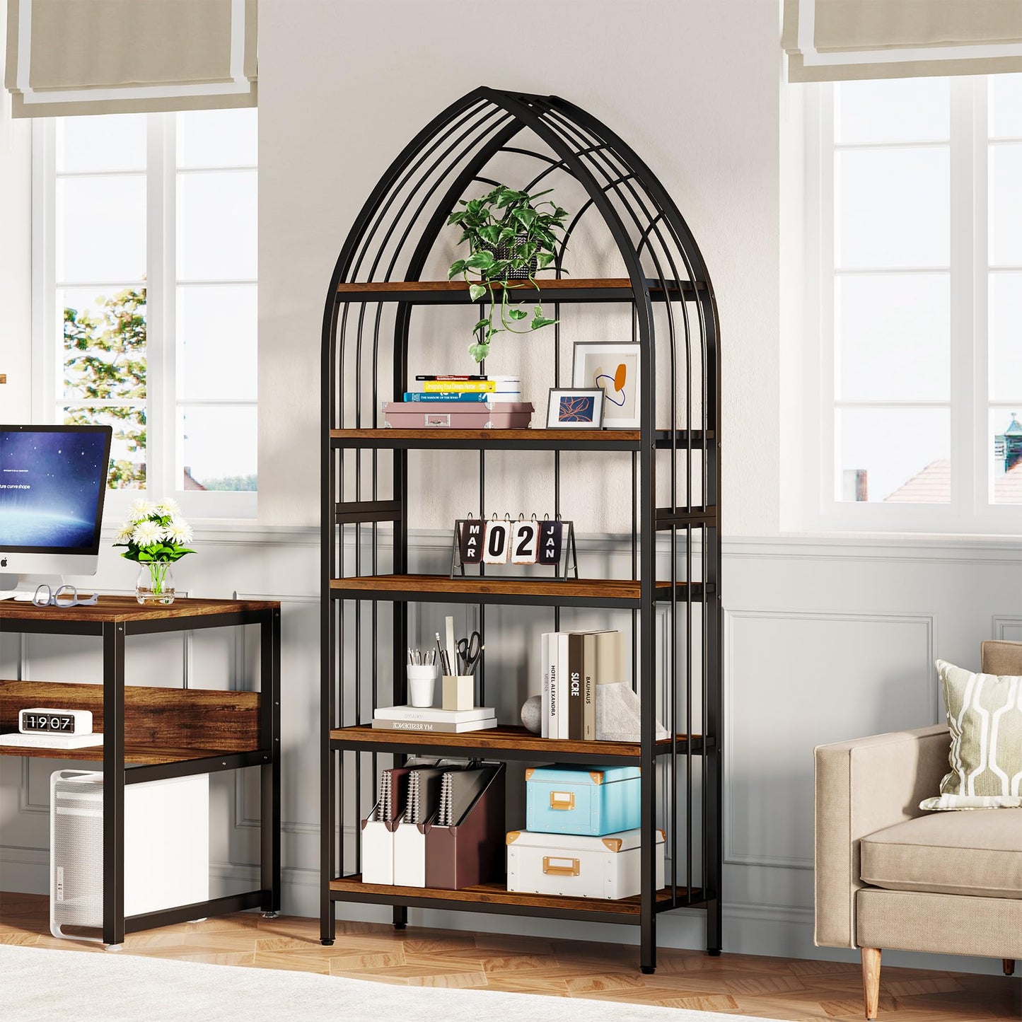 Tribesigns 5-Tier Bookshelf, 74.8-Inch Tall Bookshelf, Industrial Curved Freestanding Display Shelf, Wood Storage Shelves with Metal Frame for Home Office (2, Rustic Brown & Black)