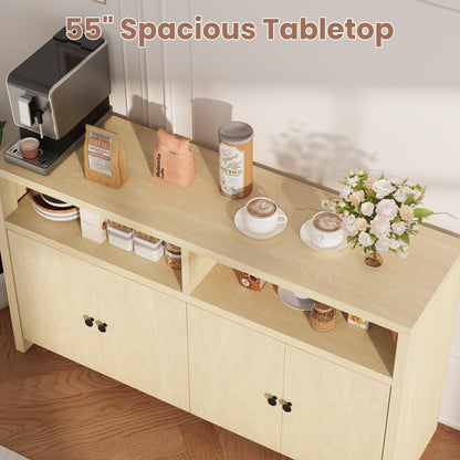 IDEALHOUSE Buffet Sideboard Cabinet with Storage, 55" Large Farmhouse Kitchen Storage Cabinet with 4 Doors & Adjustable Shelves, Wood Coffee Bar Cabinet for Kitchen, Dining Room, Living Room