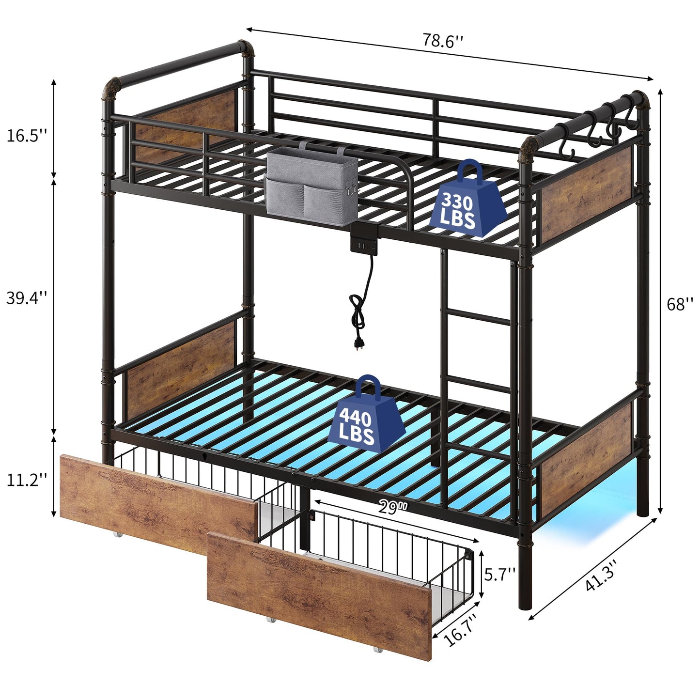 Jocoevol Metal LED Bunk Bed Twin Over Twin with 2 Storage Drawers, USB Charging Station, Industrial Bunkbeds Heavy Duty Bed with Safety Guardrail and Ladder, No Box Spring Needed, Vintage Brown