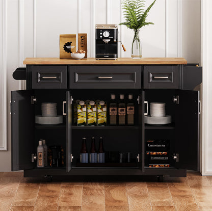 Ball & Cast Large Kitchen Island with Rubber Wood Drop Leaf,Embossed Texture Rolling Kitchen Cart On 4 Wheels W/4 Doors & 3 Drawers,Mobile Kitchen Islands W/ Storage for Kitchen,Dining Room,Black,54"
