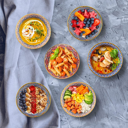 Sanbege Ceramic Rice Bowls 10 oz, Bohemian Style Bowl Gift Set, Assorted Dinnerware Serving Bowls for Cereal, Soup, Dessert, Snack, Fruit, Salsa, Pack of 6 (Geometric Pattern)