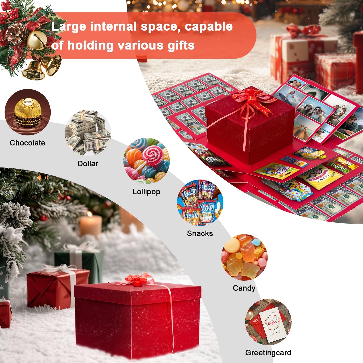 HAULKIM 4-Layer Explosion Gift Box, 10''x10''x7'' Red Glittery Creative Gift Boxes for Presents, DIY Surprise Gift Box Explosion for Birthday Easter Mother's Day and Father's Day Anniversaries (Red)