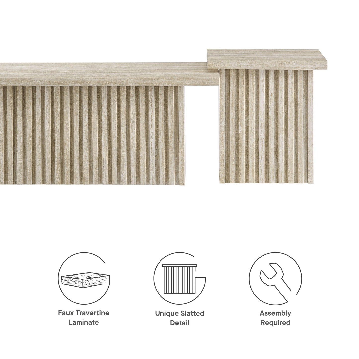 Modway Render Faux Travertine Slatted Nesting Coffee Table Set in Travertine - 2 Piece Low Profile Coffee Table Mid Century Modern - Abstract Coffee Tables for Living Room - Nested Accent Tables