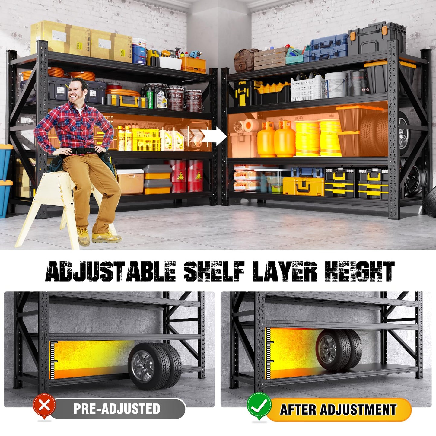 79"W Garage Shelving,8000lb Heavy Duty Storage Shelves,Industrial Metal Storage Shelving,Easy to install Standing Garage Shelf,4 Tier Adjustable Shelving Unit for Warehouse,Basement,74"H x 79"W x 24"D