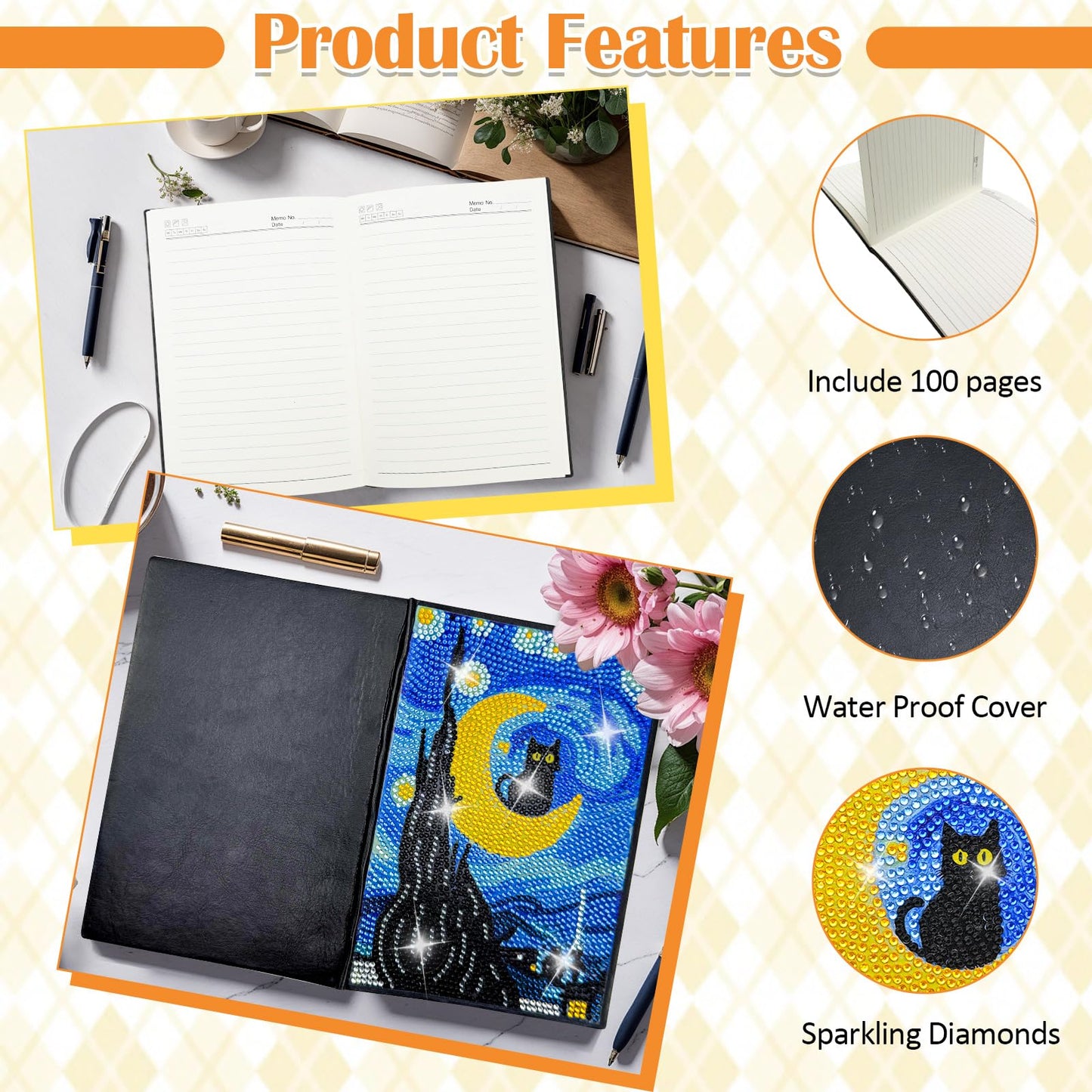 LINGFANG 4 Pack Diamond Art Kits for Adults Teens, Leather Cover Diamond Painting Journals Notebooks, DIY 5D Gem Dots Art Crafts for Teenagers' Birthday, Graduation, Christmas Gifts with Tools (Cat)