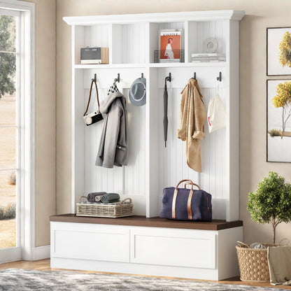 Ball & Cast Farmhouse 4-in-1 Hall Tree with Bench, Versatile Coat Rack with 2 Storage Drawers & Hanging Hoooks, Entryway Organizer Shoe Cabinet with Open Shelves for Living Room, White