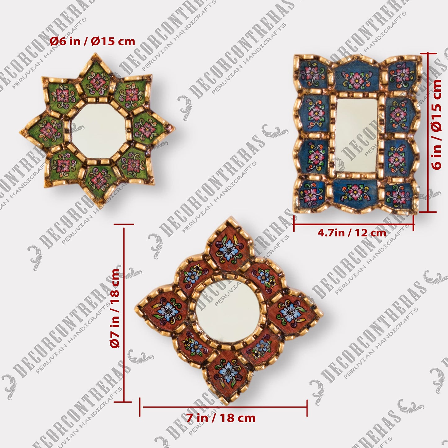 DecorContreras Peruvian Mirror Set of 3 – Handmade Painted Glass Mirror Wall Decor in Green, Red and Blue