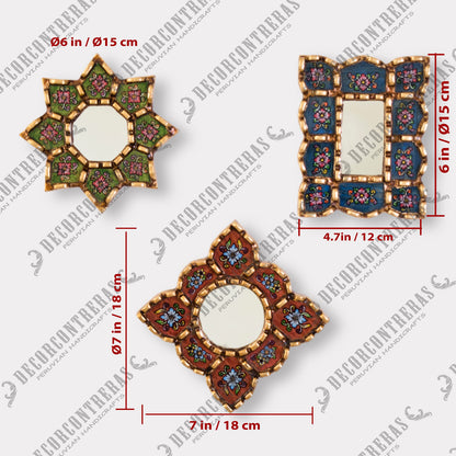 DecorContreras Peruvian Mirror Set of 3 – Handmade Painted Glass Mirror Wall Decor in Green, Red and Blue